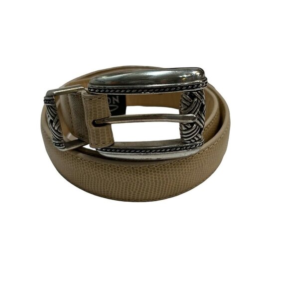 Vtg Brighton Belt M Light Tan Faux Reptile Embossed Leather Western Silver Tip - Picture 1 of 9